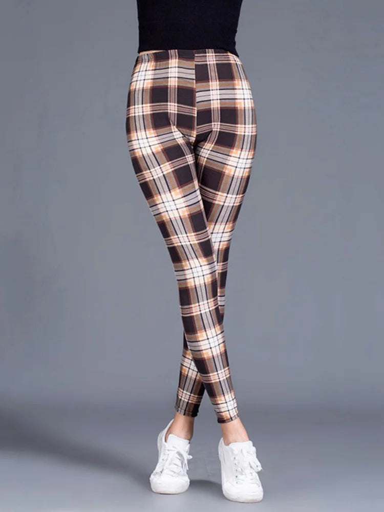 Female Fitness Leggings Women Print Plaid Leggings Lady Slim Pencil Pants