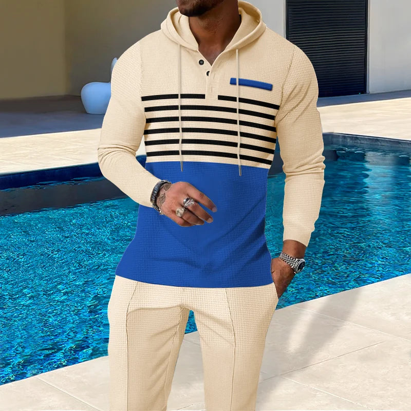 New Men's Waffle Casual Set Outdoor Four Seasons Versatile Trendy Stripe Color blocked Hoodie, Casual Pants Two Piece Set