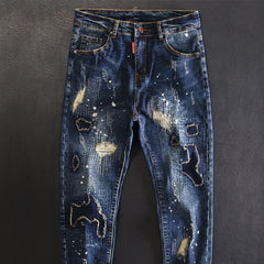 Jeans for Men Cropped Ripped Tapered Male Cowboy Pants with Holes Trousers