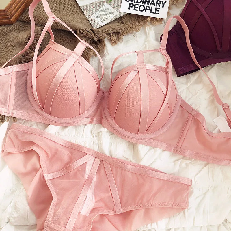 Women Lace Underwear Hollow Push Up Bra Set Classic Bandage Lingerie