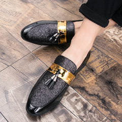 Men Party Flats Black Golden Formal Patchwork Tassel Leather Casuals Shoe