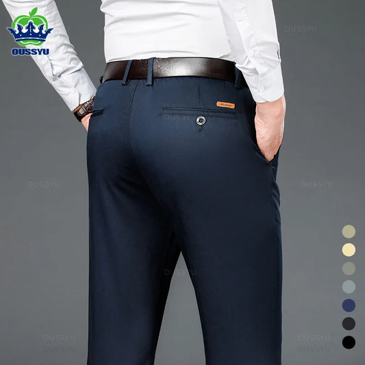 Spring Summer Straight Suit Pants Men Cotton Business Stretch Royal Blue Khaki Black