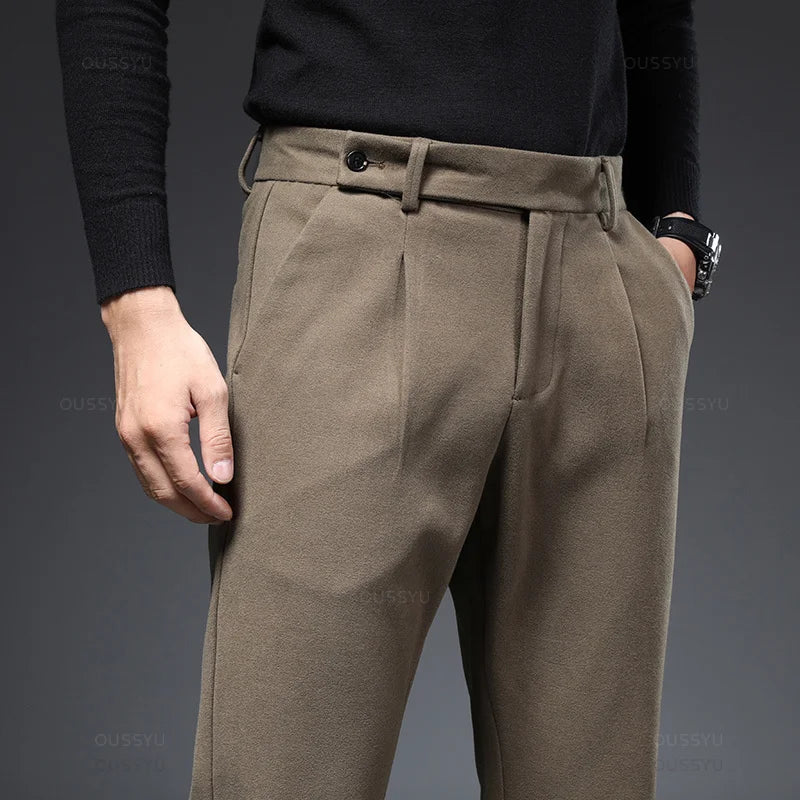 Autumn Winter Worsted Suit Pants Men Thick Business Classic Grey Khaki Woolen