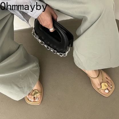 Summer Narrow Band Women Slipper Fashion Metal Decoration Low Heel Slip On Ladies Elegant Slides Casual Outdoor Beach Flip Flop