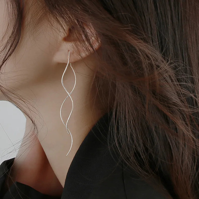 Trendy Charm 925 Sterling Silver Long Wavy Line Tassel Dangle Earrings for Woman Geometry Designer Jewelry Accessories Colorfast
