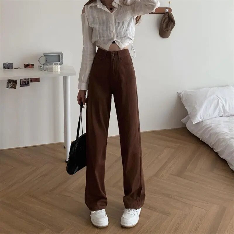 Summer Women Brown Jeans High Waist Loose Straight Wide Leg Denim Trouser