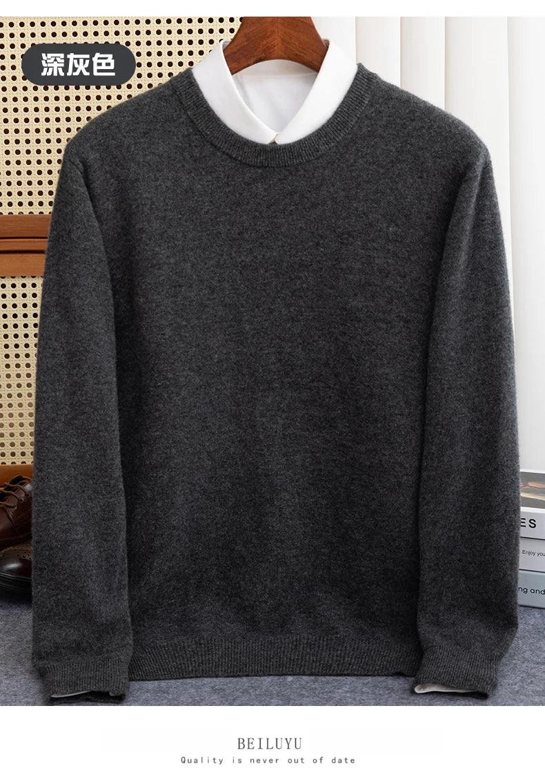 Pure Wool Sweater Men's Autumn Winter O-Neck Pullovers Business Casual