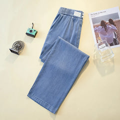 Summer Ice Silk Jeans Women Soft High Waist Wide Leg Pants