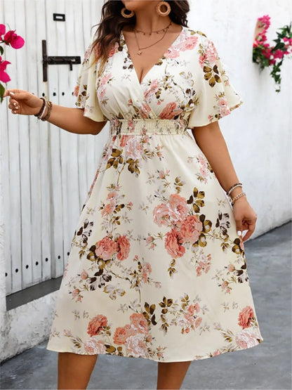 Plus Size Summer Flower Floral Print Midi Dress Women V-Neck Modis Sweet Ruffle Sleeve Ladies Dresses Loose Pleated Woman Dress