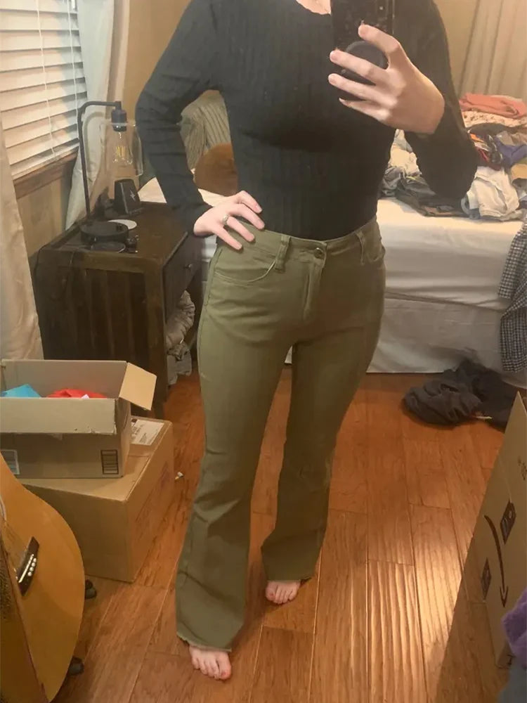 Fashion Women High Waist Army Green Jeans Lady Y2K Stretch Denim Pants