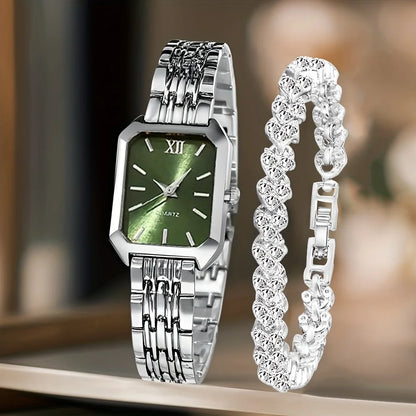 2PCS Fashion Rectangle Women Quartz Watch Rhinestone Bracelet Set Ladies Roma Dial Wristwatch Reloj Mujer Girls Clock Gift