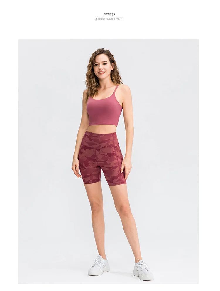 Women's printed nude yoga shorts with pockets skin-friendly tight stretch quick-drying sports fitness hiking running shorts