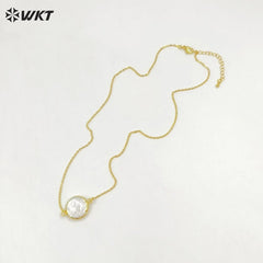 Amazing Elegant White Freshwater Pearl Coin Necklace In 18K Real Gold Plated