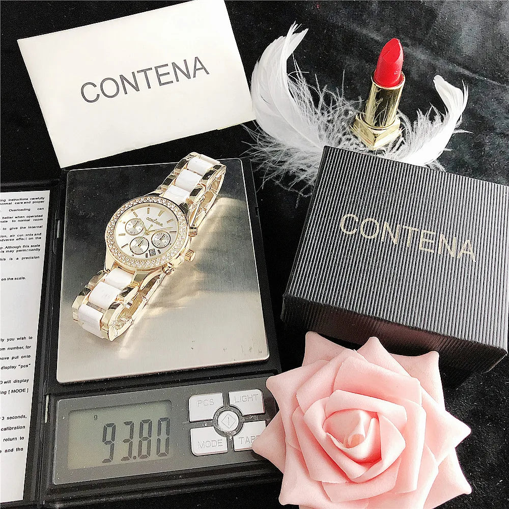 CONTENA Brand Women's Watch Top Luxury Crystal Rose Gold Watches for Women Quartz Wristwatch Bracelet Fashion Clock Montre Femme