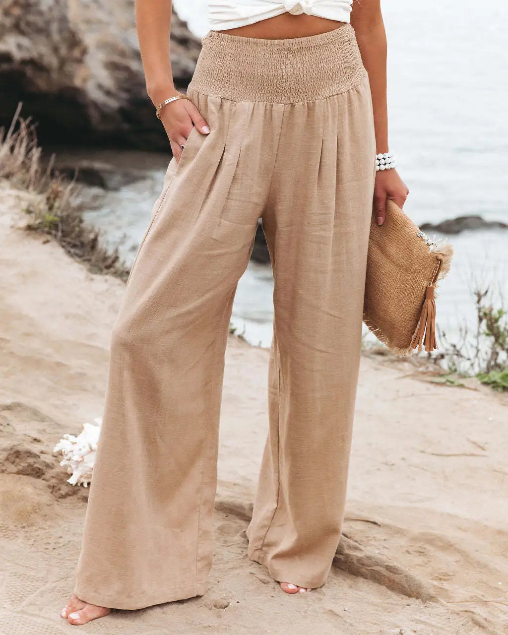 Quick Sell Cotton Hemp High Waist Pull Elastic Waist Popular Women's Casual Pants