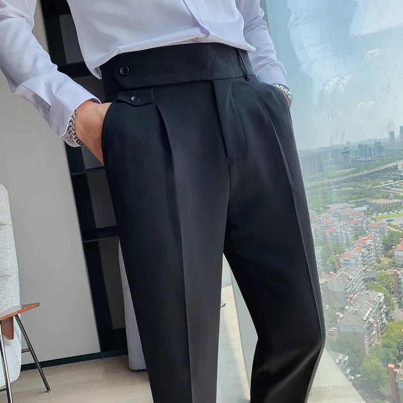 Solid High Waist Trousers Men Formal Pants Slim Fit Business Casual Suit Pants Hommes