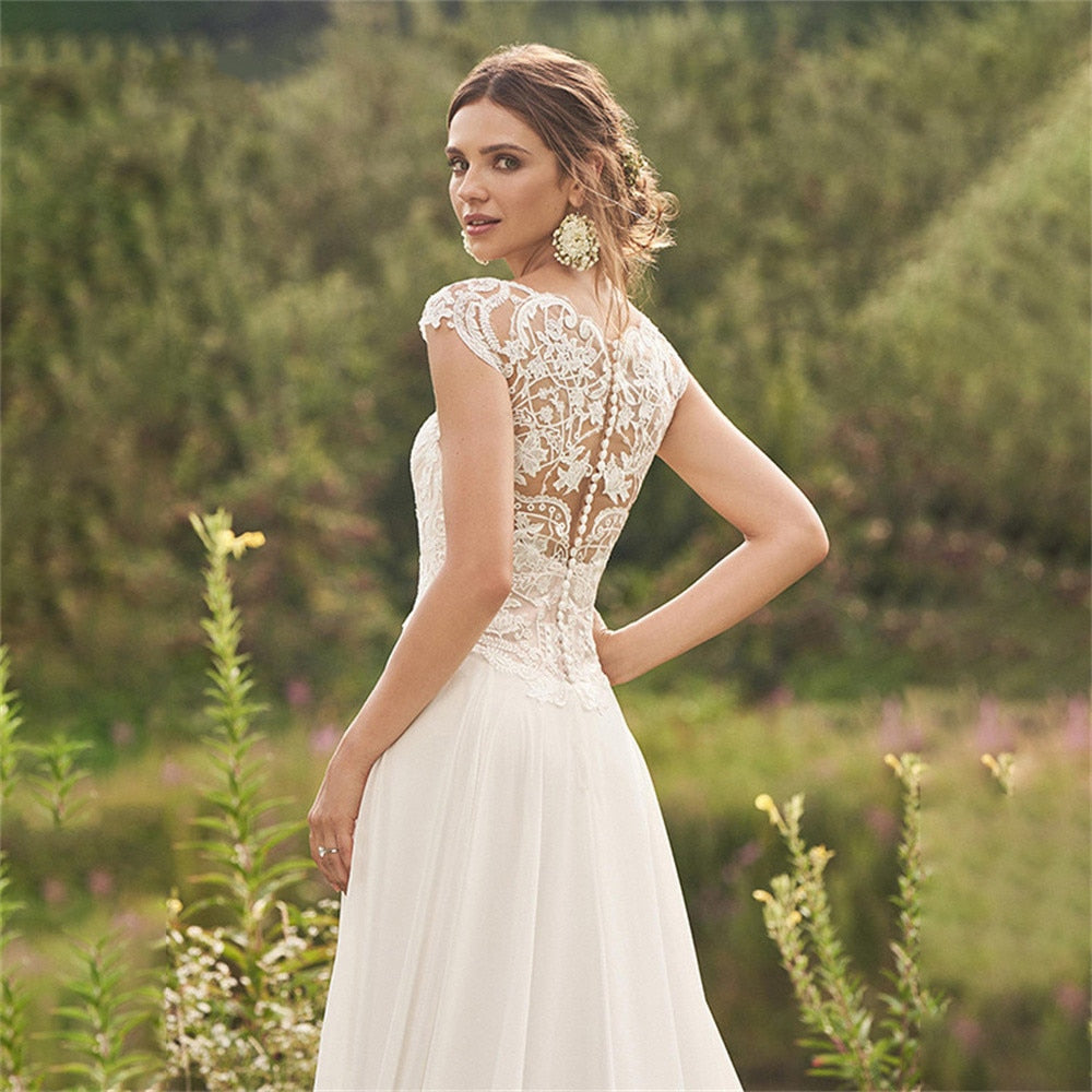White Bridesmaid Dresses: Wedding Dress A Line Cap Sleeves Illusion Back For Women