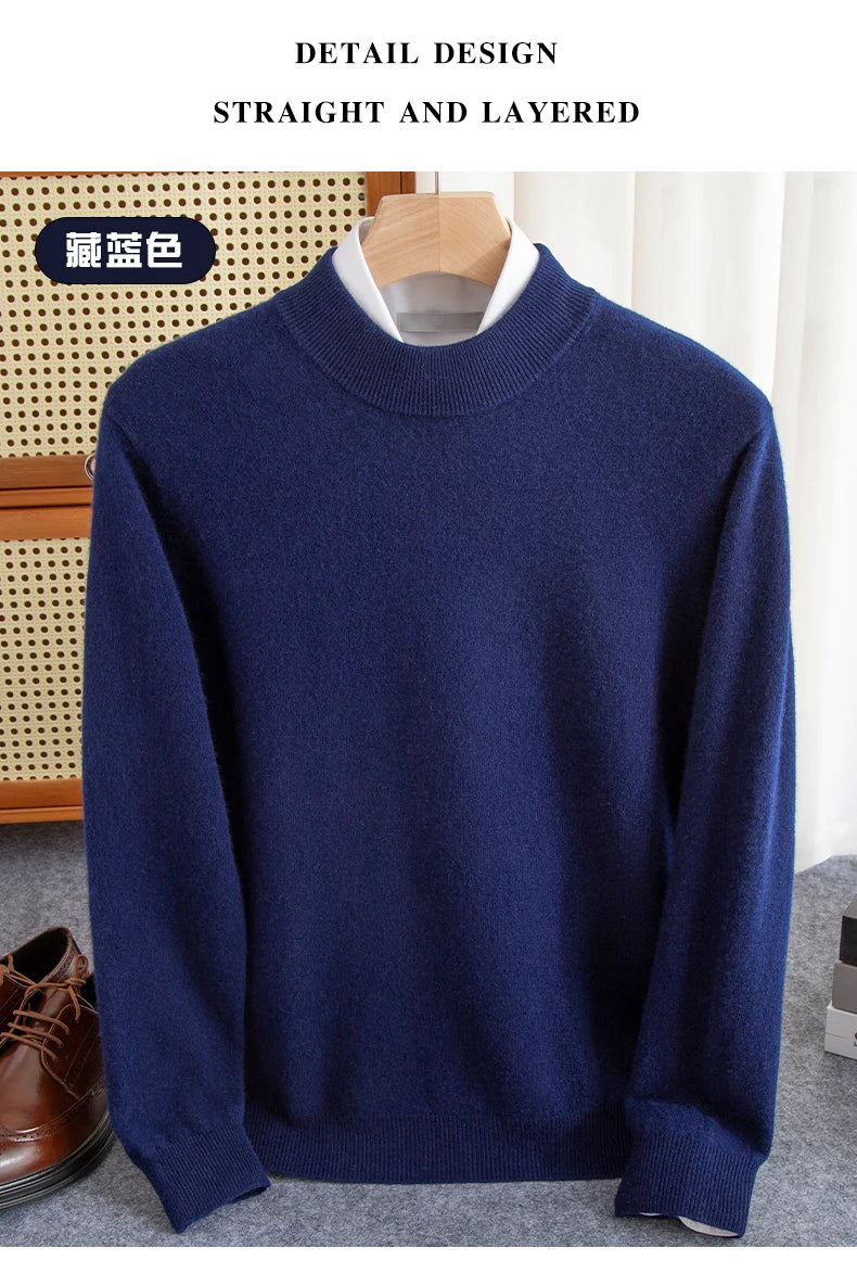 Fashion Men's 100% Wool Pullover Half-high Collar Sweater Autumn Winter Warm Top