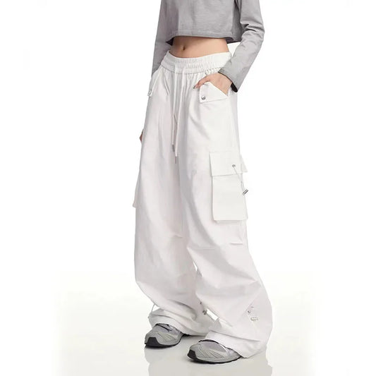 Baggy White Parachute Cargo Pants Y2K High Waist Shirring All-Match Trousers