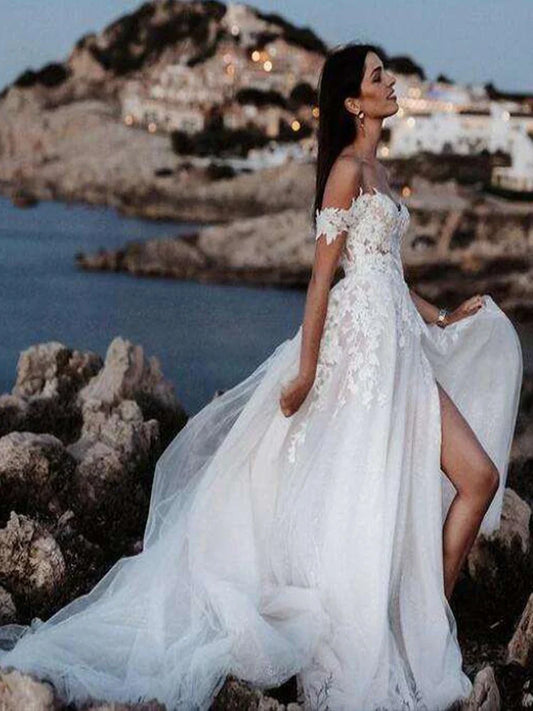 White Bridesmaid Dresses: Lace Wedding Dresses Off The Shoulder Neck Bridal Gowns