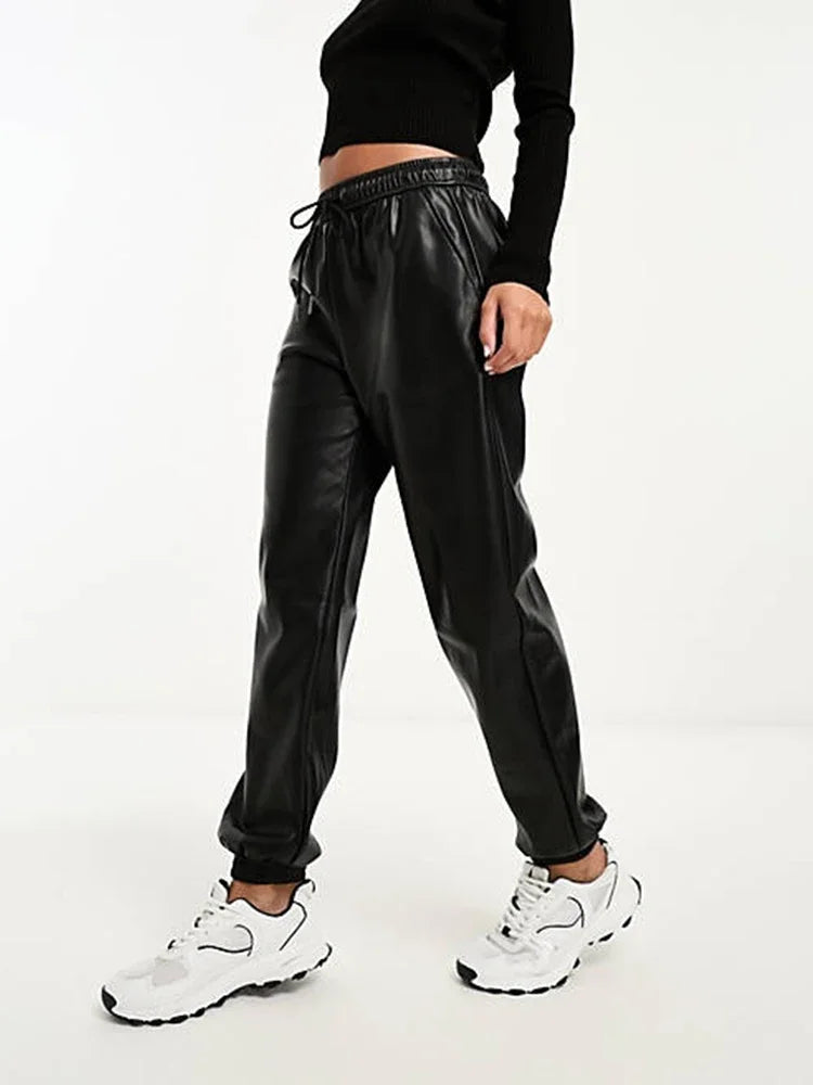 Casual Matte Leather Sweatpants Women High Waist Drawstring Joggers With Pocket