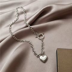 Punk Thick Lock Chain Heart Shape Pendant Choker Necklace for Women Retro Silver