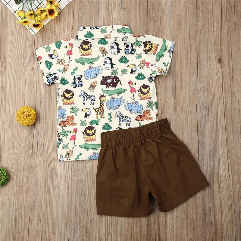 1-5years Kids Boys Clothing Set Fashion Zoo Monkey Tiger Animal Shirt For Boys Tops Green Shorts Set Boys Outfits
