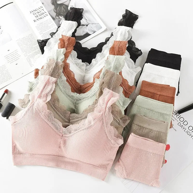 Lace Underwear Set Padded Bra Set Without Steel Ring Solid Women's