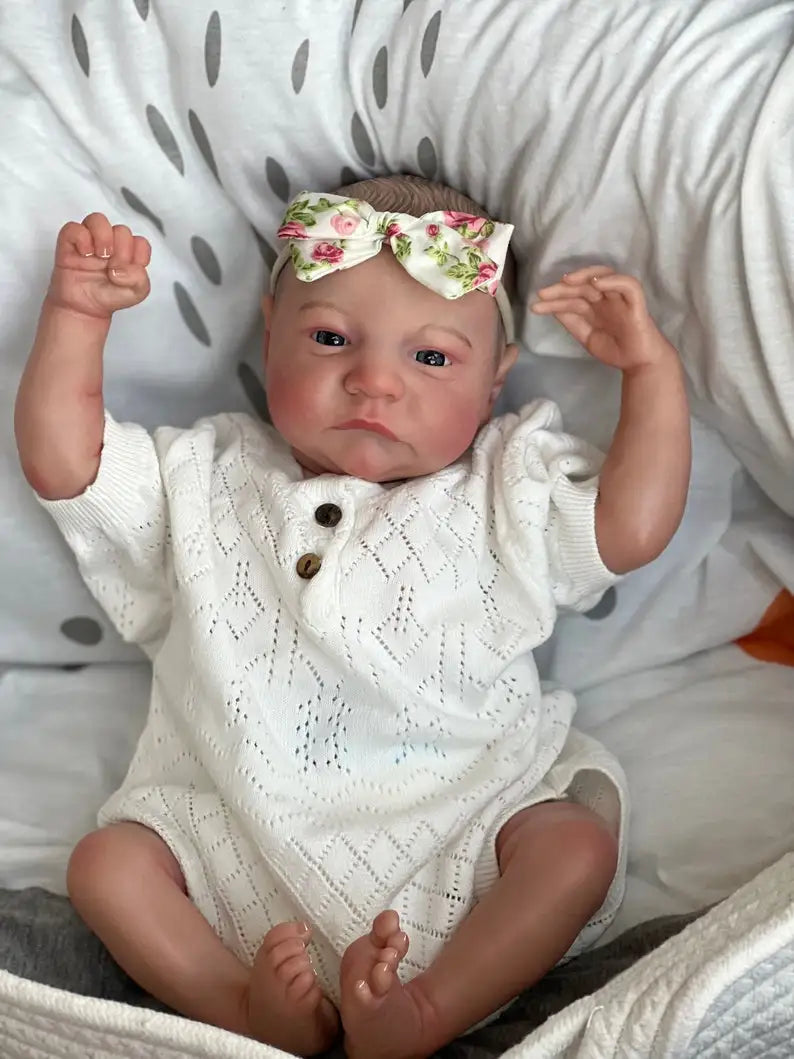 NPK 49CM Newborn Baby Doll Reborn Levi Awake Soft Silicone Flexible 3D Skin Tone with Visible Veins Hand Paint Hair Doll