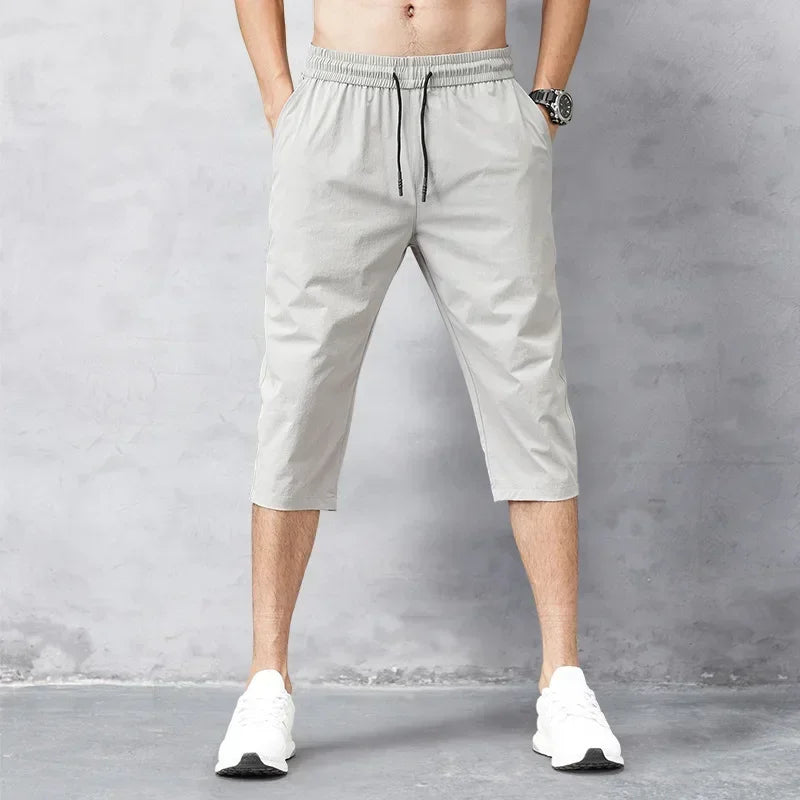 3/4 Length Men's Shorts Quick Drying Ice Silk Summer Breeches Male Long Calf Bermuda Board Beach Elastic Big Size Nylon Stretch