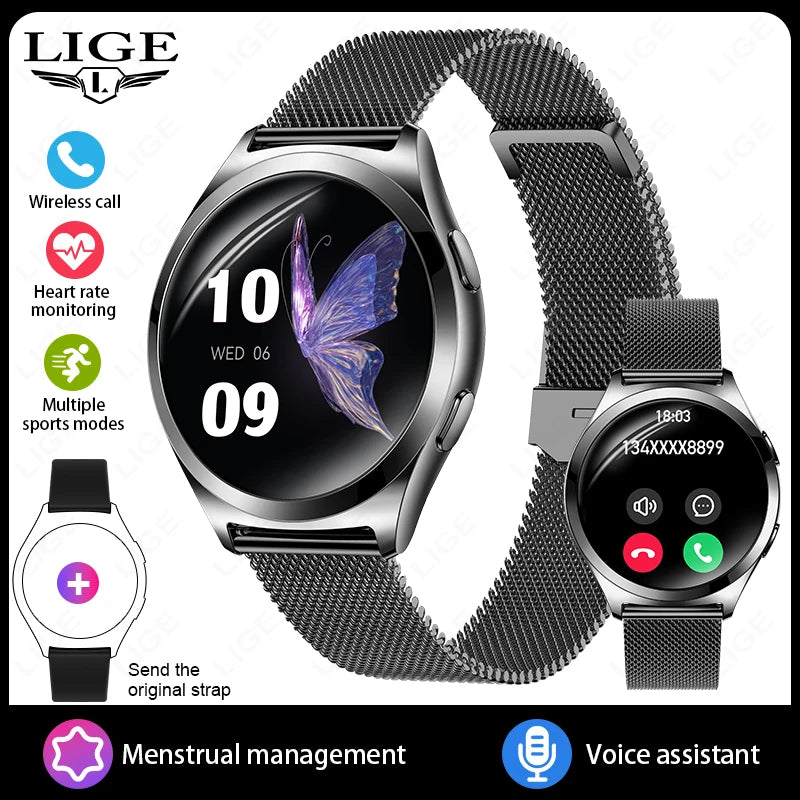 LIGE Luxury 1.27" HD Screen Smart Watch Women Waterproof Bluetooth Call Women’s Bracelet Sports Health Monitor Ladies Smartwatch