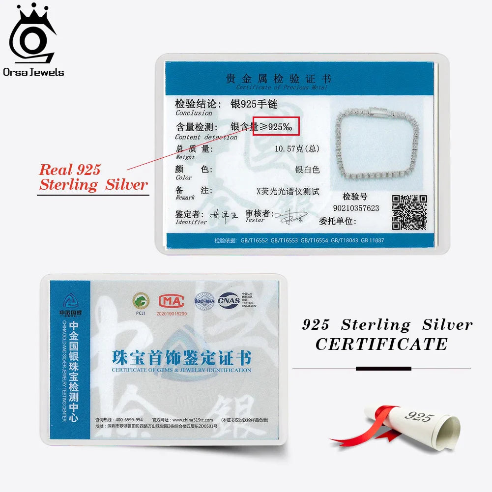 ORSA JEWELS Authentic 925 Sterling Silver Tennis Chain Bracelet Moulding Process Hanmade High-end Hand Chain for Man Woman SB128