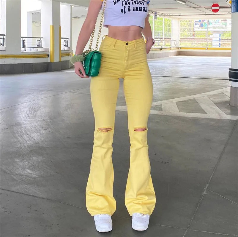 Women Stretch Flare Yellow Ripped Jeans Lady Vintage Y2K PunkbHips Strap Pants L