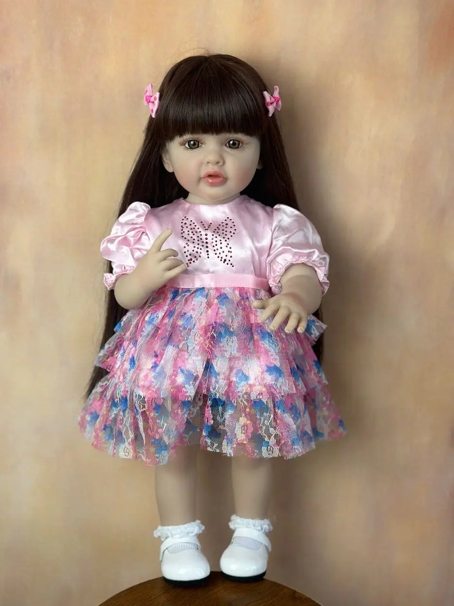 BZDOLL 55cm 22inch Lifelike Reborn Baby Girl Doll Soft Silicone Long Brown Hair Realistic Princess Toddler Bebe Birthday Gift