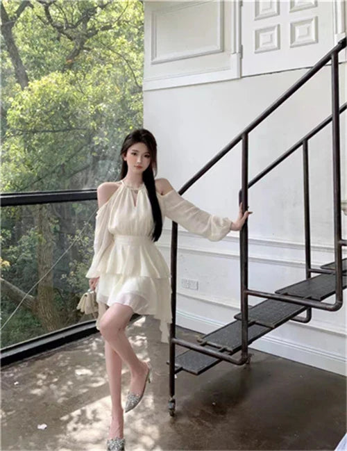 Dresses Women Hollow Out Design Chic Defined Waist Off-shoulder Ruffles Popular Long Sleeve Vestidos Gentle Sweet Spring Summer