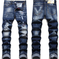 Men's Perforated Jeans 3D Inner Embroidery Zipper Bleached Slim Fit Pantyhose