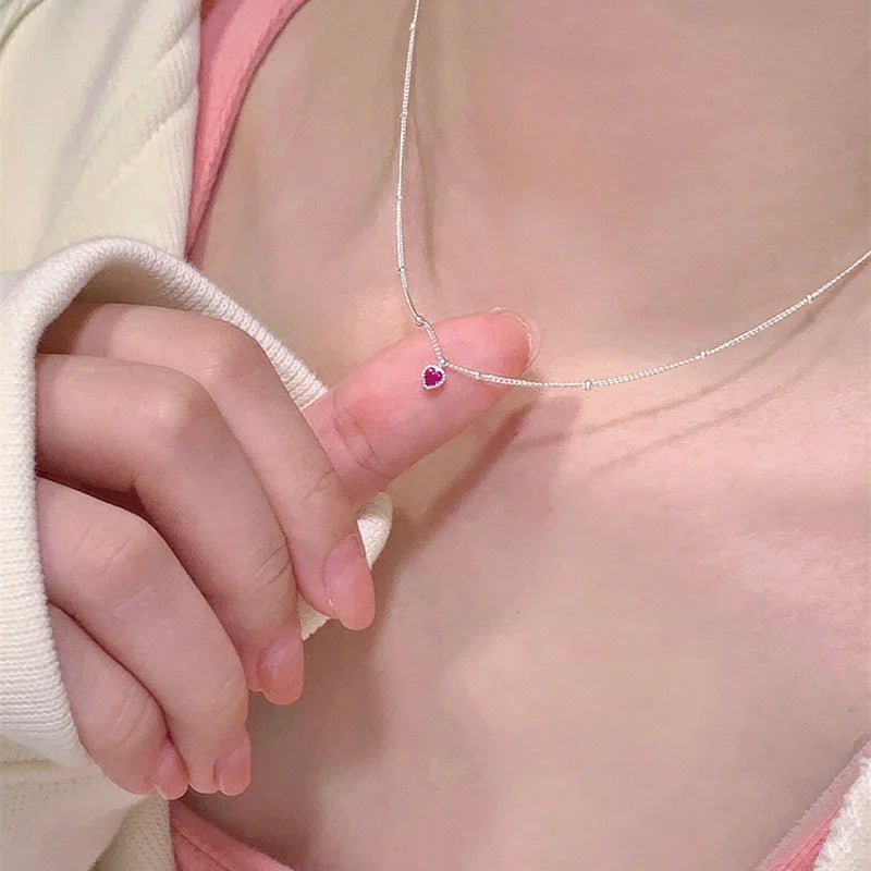 925 Sterling Silver Necklace Pendant For Women Jewelry Love Necklace Small Mini Red Heart Pendant Simple Heart Shaped Collar