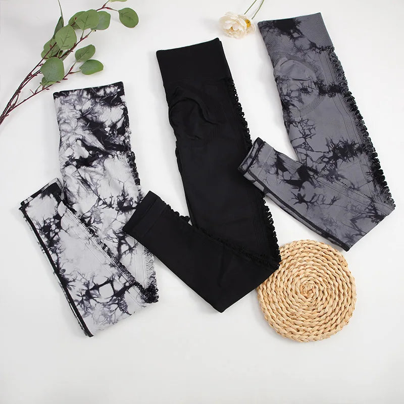 Tie Dye Yoga Pants Hollow Seamless Sport Leggings for Women