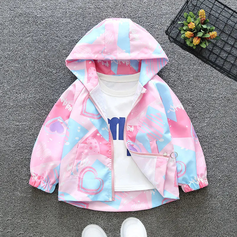 Teenagers Girls Coats Spring Autumn Full Printed Love Pattern Hooded Parkas For Kids