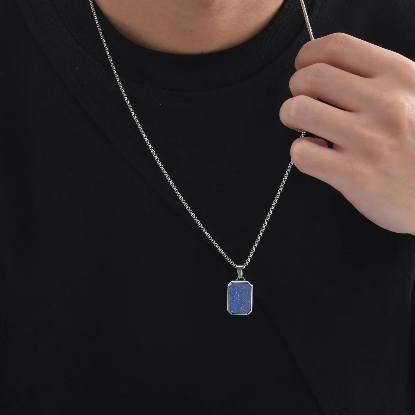 Trendy Pendant Necklaces for Men Boys,Square Natural Stone Stainless Steel Necklaces,Hip Hop Cool Healing Jewelry Gifts
