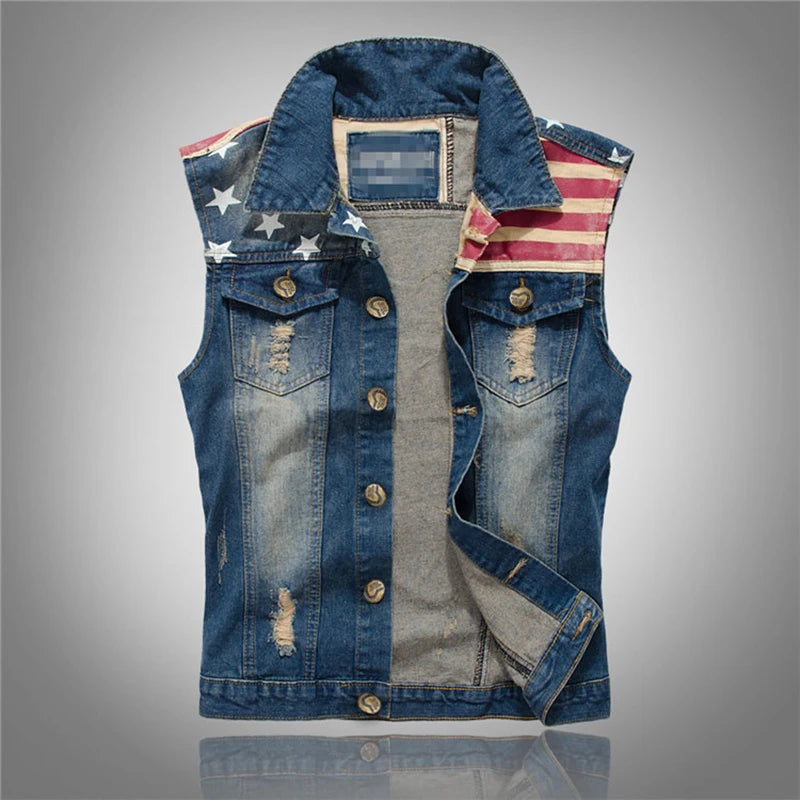 Vest for Men Spliced USA Flag Demin Waistcoat Mens Jackets Fashion Boy Jeans