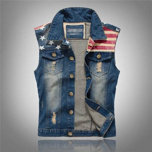 Vest for Men Spliced USA Flag Demin Waistcoat Mens Jackets Fashion Boy Jeans