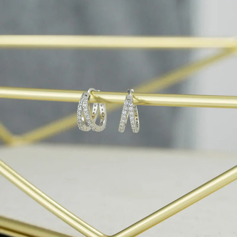 WANTME 925 Sterling Silver Fashion Luxury Shiny Double Layer Zircon Huggies Hoop Earrings for Women Plated 18k Gold Fine Jewelry
