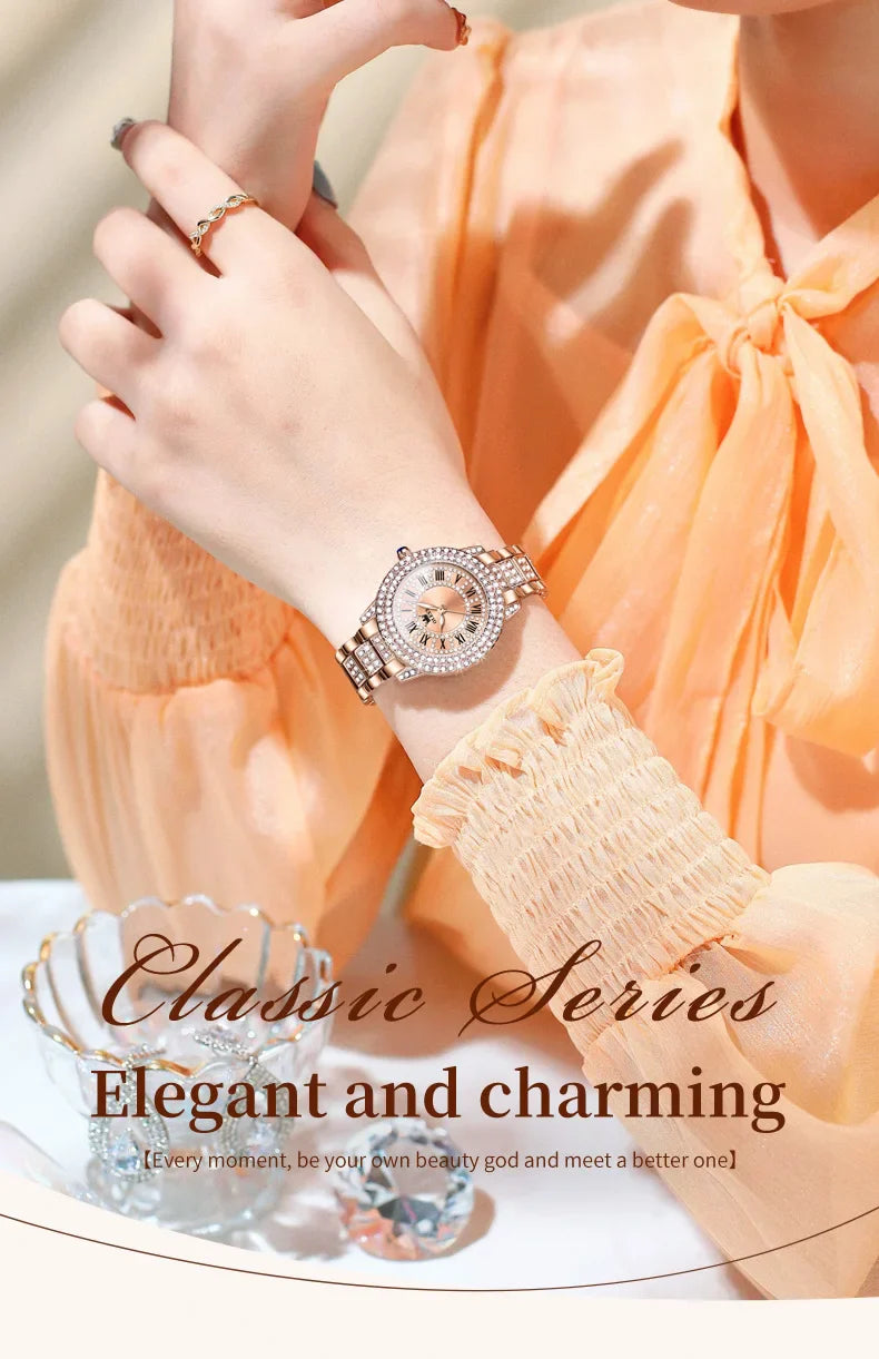 OLEVS 9943 Luxury All Diamond Original Quartz Watch for Women Elegant Rose Gold Stainless Steel Waterproof Ladies Wrist Watches