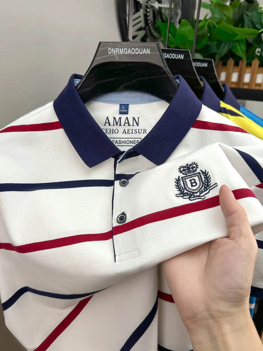 Fashion striped short sleeve men polo shirt summer trend brand letter embroidery design business casual breathable Paul T-shirt