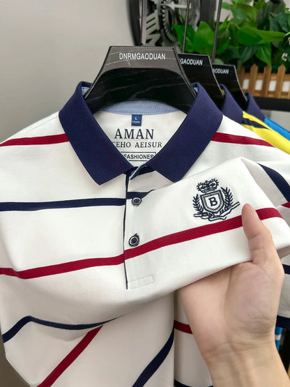 Fashion striped short sleeve men polo shirt summer trend brand letter embroidery design business casual breathable Paul T-shirt