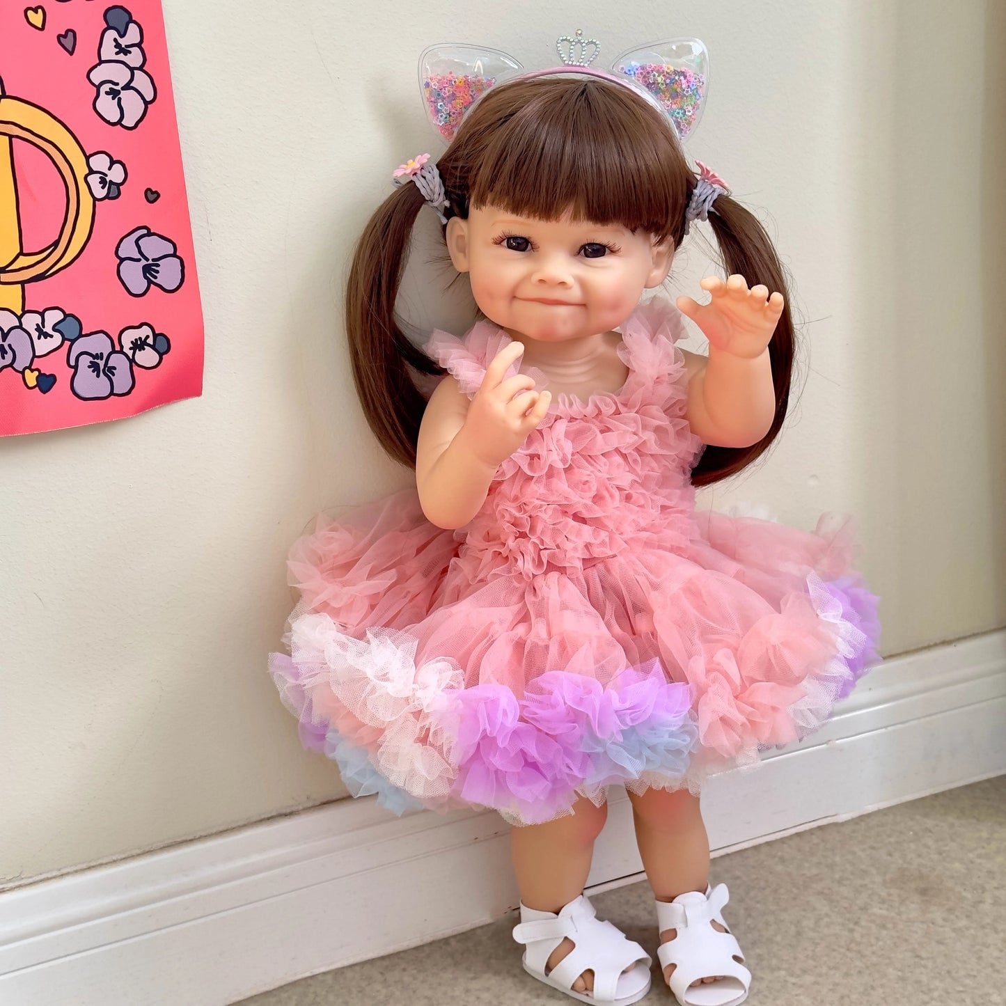 NPK 55CM Reborn Toddler Doll with Pink Dress Full Body Soft Silicone Raya Lifelike Soft Touch High Quality Doll Gifts
