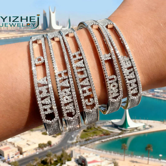 DIY Name Jewelry Silver Color Micro Pave 5A CZ Sparking Bling 26 Initial Alphabet Letter Slider Charm Bangle Bracelet