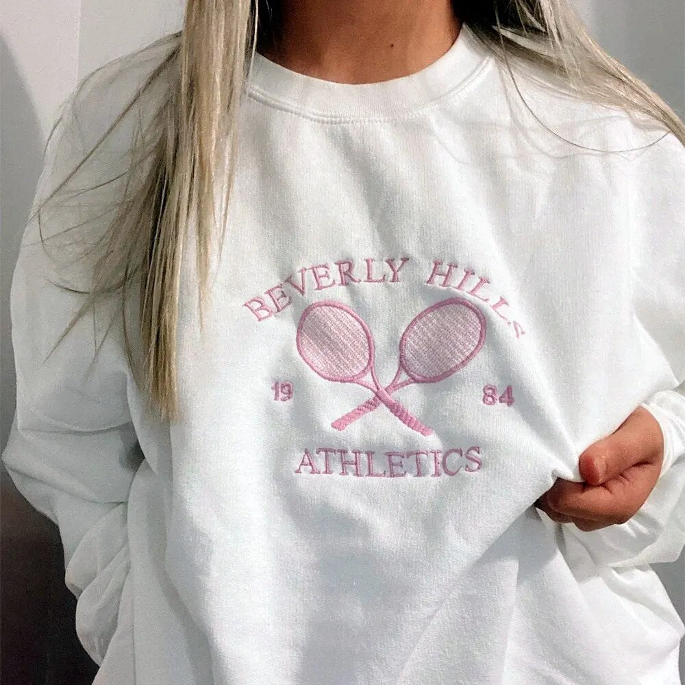 Tennis Athletics Letters Embroidered Sweatshirts Women White Loose Spring Pullover Coats