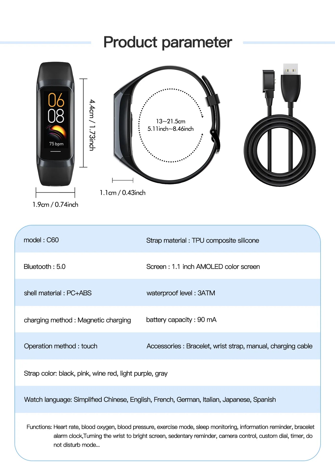 Amoled Smart Watch Smartwatch Band Women Men Heart Rate Blood Oxygen Waterproof Connected Smart Bracelet Sport Fitness Tracker